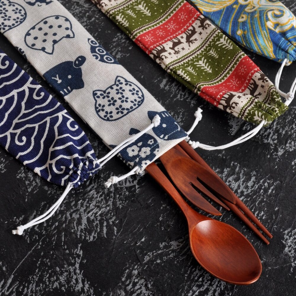 Japanese Style Japanese Tableware Portable Cotton and Linen Bag Chopsticks Spoon Knife and Fork Straw Storage Bag - Image 2