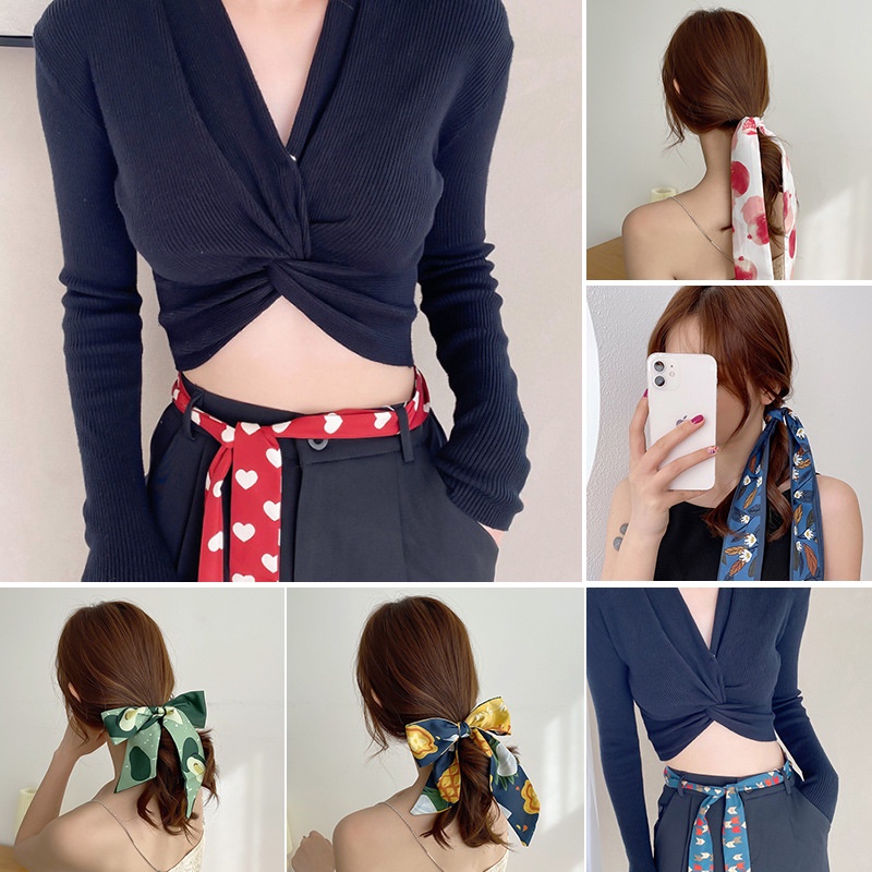 Korean retro tied bag streamer silk scarf female ins decorative wild turban scarf double-sided printing small scarf
