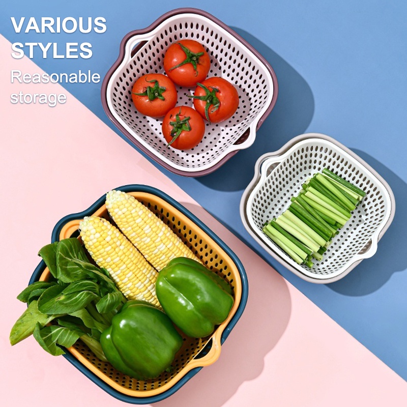 6pcs/set Double Drain Storage Basket Drain Basket Bowl fruit vegetable Washing Colander Baskets holder Kitchen Strainer