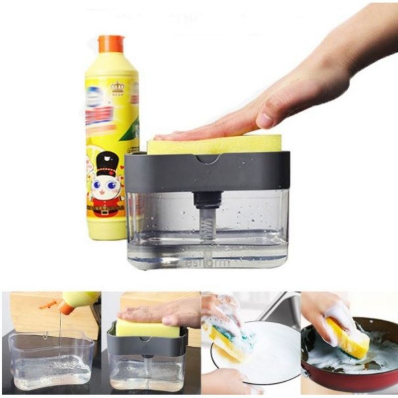 H1017 Soap Dispenser penyebar cuci pinggan With Sponge HolderKitchen Dishwash Pump Detergent press, pot brush, kitchen