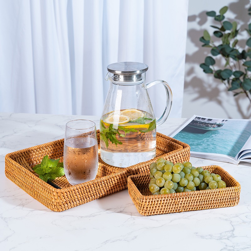 BEEHAUS Rectangular Hand-Woven Rattan Basket Tray | Storage Box Wicker Basket Toiletries Tray Rattan Tray
