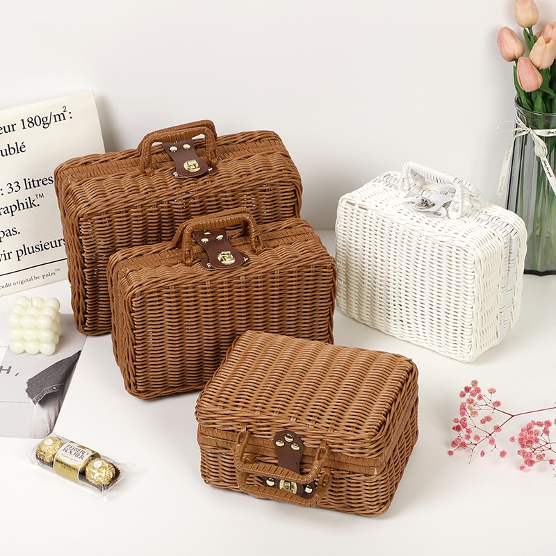 Handmade imitation rattan storage box storage box prop box finishing box picnic basket suitcase retro woven box