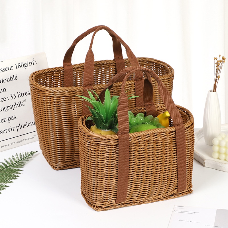 Plastic Rattan Shopping Basket with Handles Hand-woven Storage Baskets Picnic Baskets Fruit Baskets