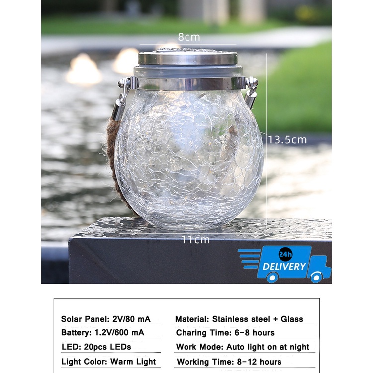 Ultraman Lampu Solar Glass Jar Light Outdoor 30LED Stainless Steel Hanging Waterproof Solar Garden Lights Lampu Taman