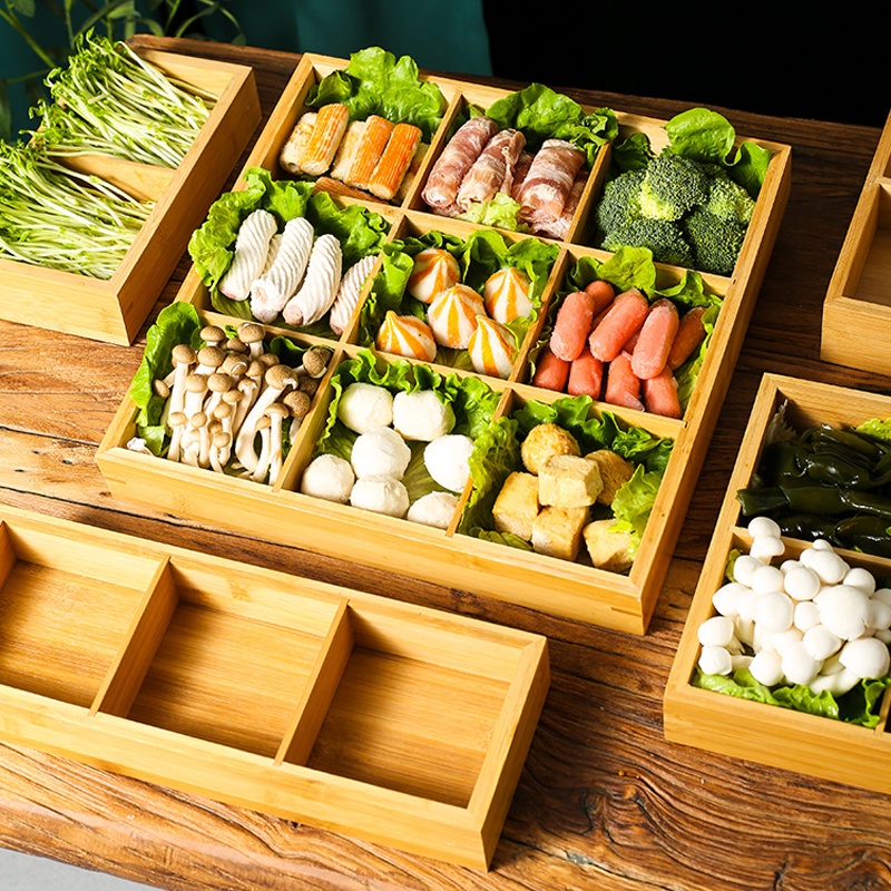 3/9 Grids Stainless Steel Sauce Dish With Wooden Storage Tray Japanese Jiugongge Sushi Plate Party Snack