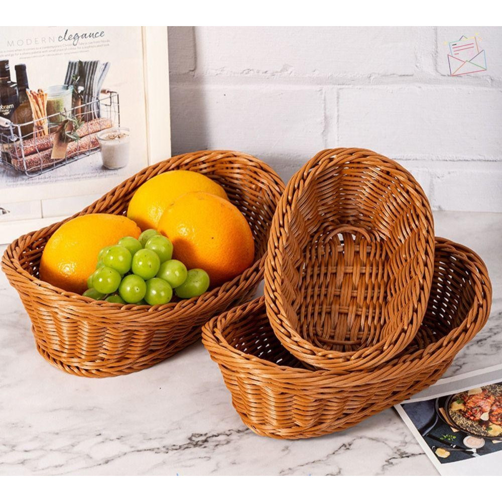 Kitchen Storage Basket, Brown Oval Bread Tray, Gift Vegetable Fruit Flower Living Room Imitate Rattan Organization Box