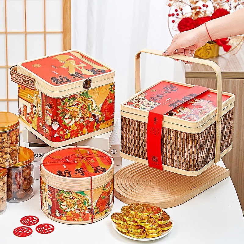 2024 Bamboo New Year Gift Box Baking Biscuit Goods Nut Bamboo Basket Year of the Dragon Spring Festival