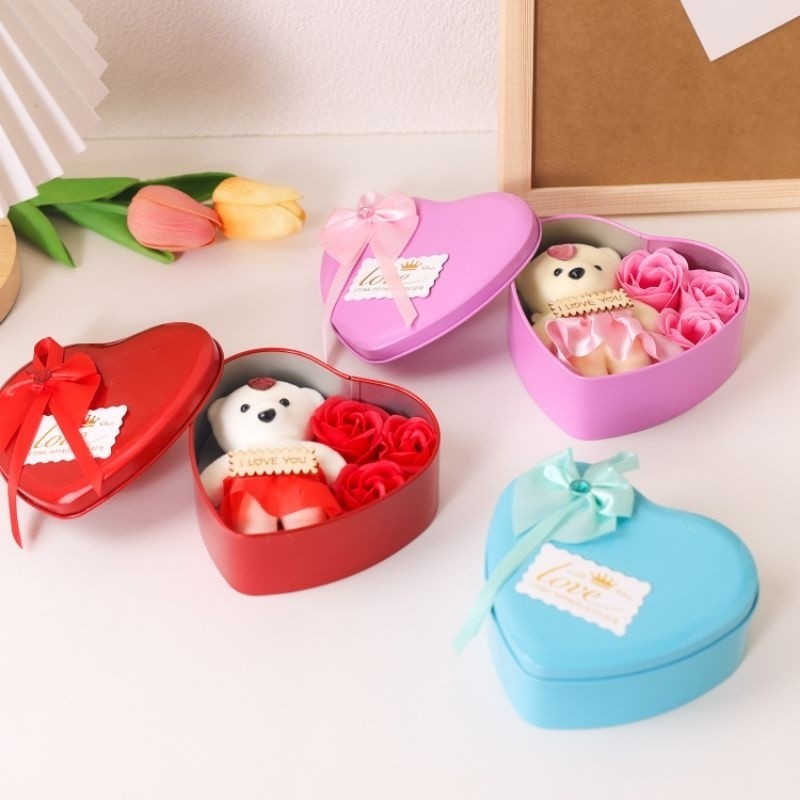 Rose Soap Flower With Bear Heart Shaped Iron Box Valentine's Day/Birthday Gift