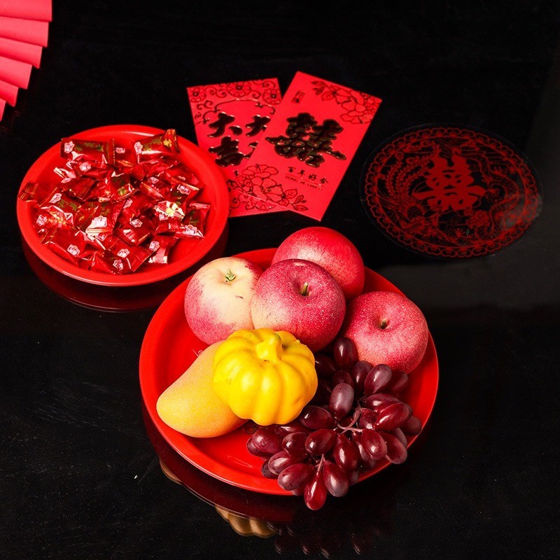 Plastic red plate, wedding, large black tea plate, fruit plate, tea ceremony