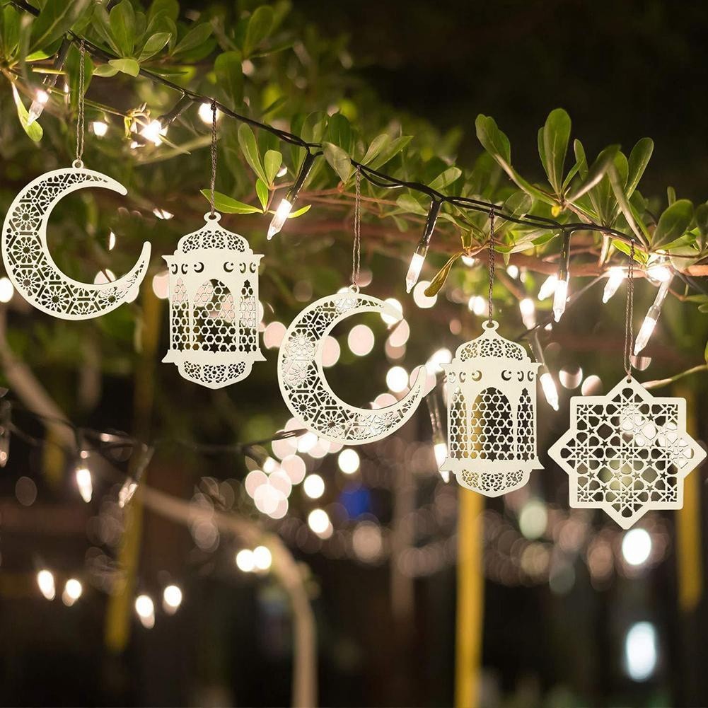 3Pcs Islam Eid Ramadan Mubarak Hollow Wooden Moon Hanging ornament Decorations Hanging Lantern Pendant