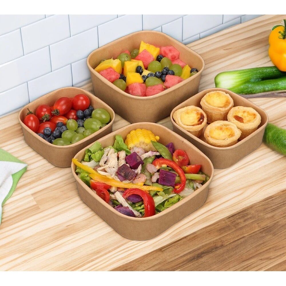 50pcs Disposable Kraft Brown Paper Square Bowl Fruit Salad Bowl Food Packaging Container Box with PET Lid/ - Image 4