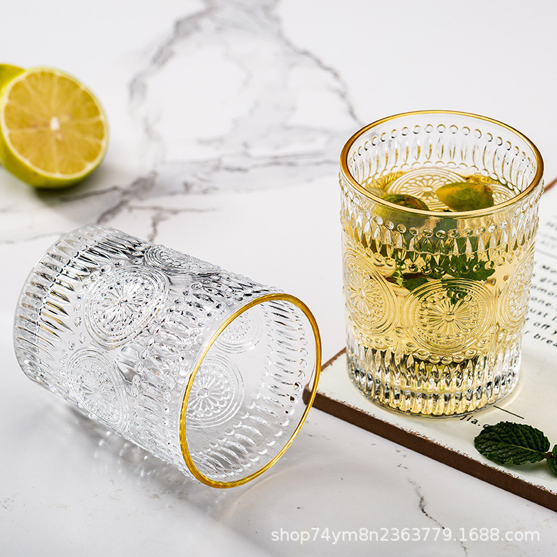 Lead-free glass sunflower cup retro style engraved transparent drinking cup household beef wine cup tea