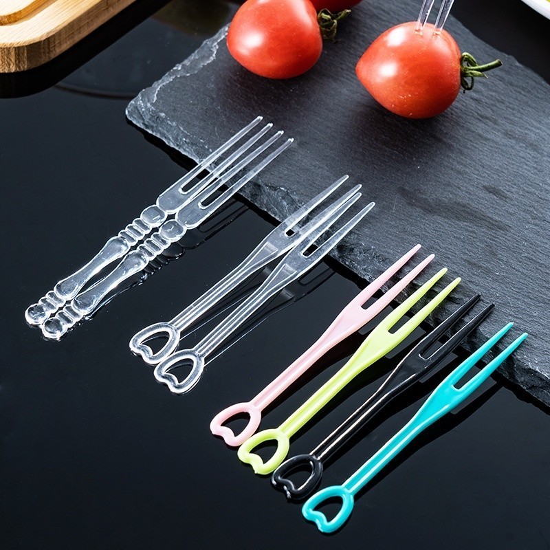 W1b3 Disposable fruit fork plastic small fork 100 pcs fruit sign transparent dessert cake fork two tooth fork