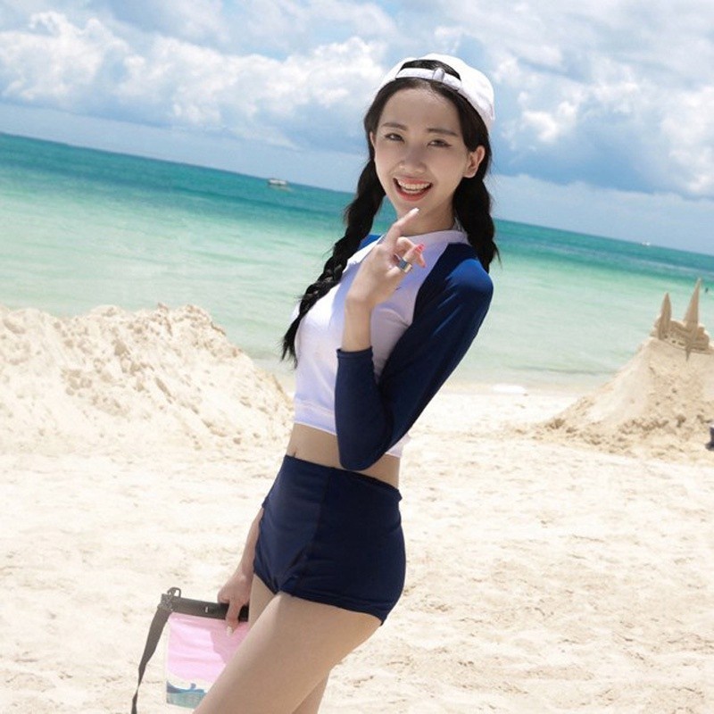 Sunscreen Swimsuit Women Fashion 2 Piece High Waist Long Sleeve Swimwear