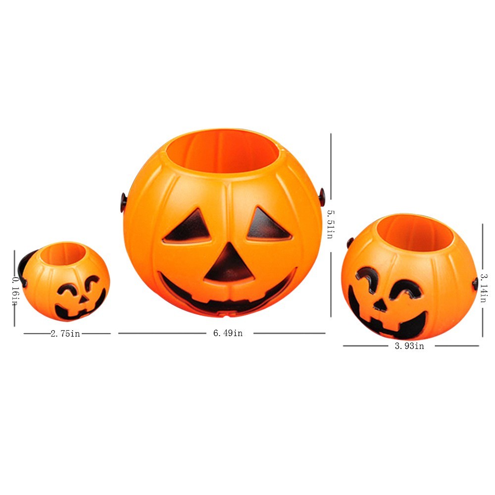 Halloween Pumpkin Bucket Lantern Light Plastic Orange Candy Pail Treat Trick