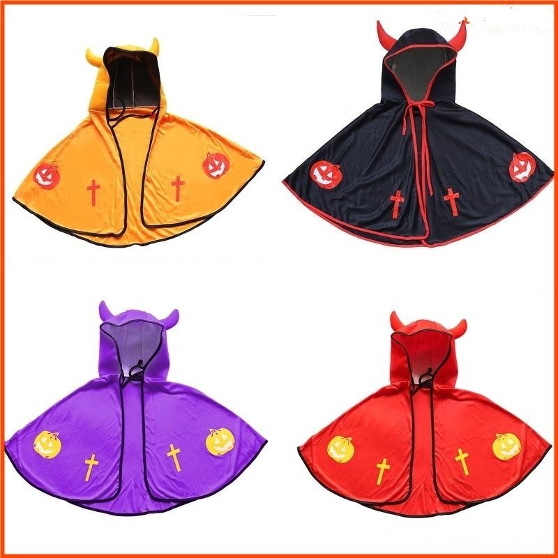Kids Witch Magic Cloak with Hooded Devil Horn Cape Halloween Cosplay Show Props