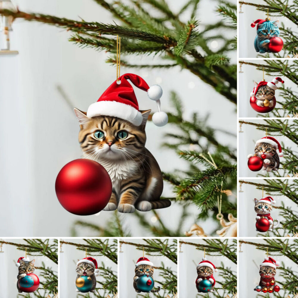 Acrylic Cat Pendant Whimsical Cat Pendant Adorable Christmas Cat with Santa Hat for Xmas Tree Decor - Image 6