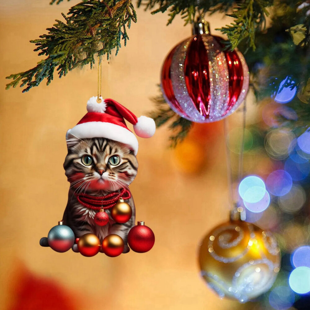 Acrylic Cat Pendant Whimsical Cat Pendant Adorable Christmas Cat with Santa Hat for Xmas Tree Decor - Image 2