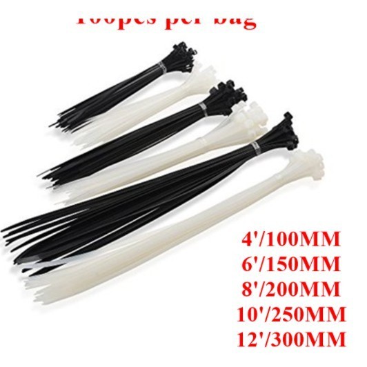 100pcs Nylon Cable Ties Pengikat Kabel Locking Zip 100mm 150mm 200mm 250mm 300mm Length 4" 6" 8" 10" 12" Black White