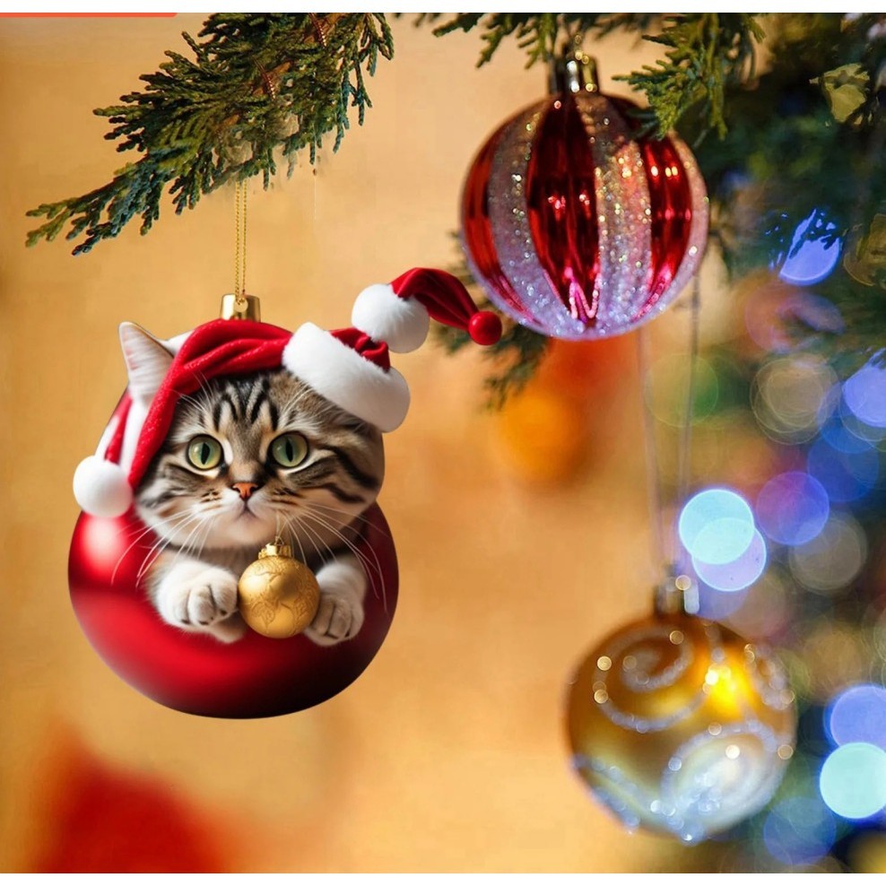 Acrylic Cat Pendant Whimsical Cat Pendant Adorable Christmas Cat with Santa Hat for Xmas Tree Decor
