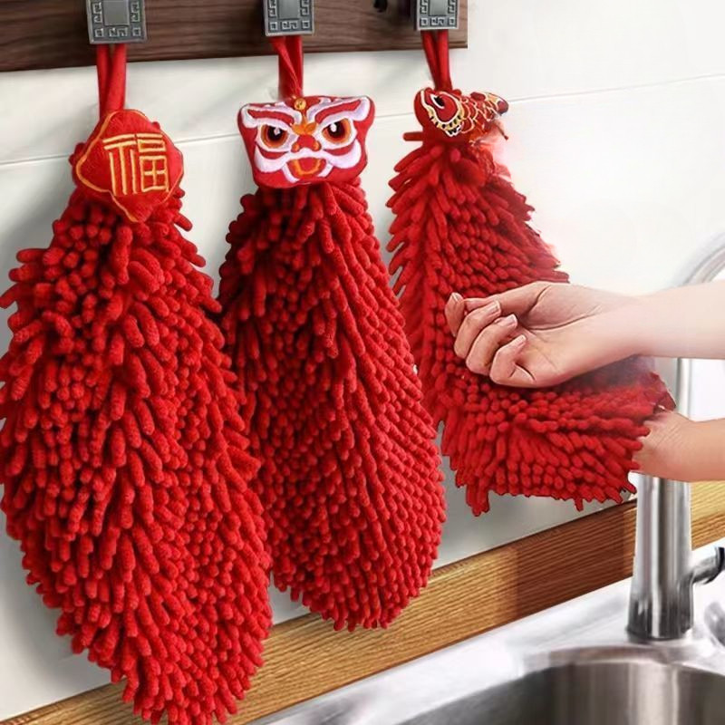 New Year Hand Towel Red Festive Color Rag Soft Chenille Towels Hanging Design Rags