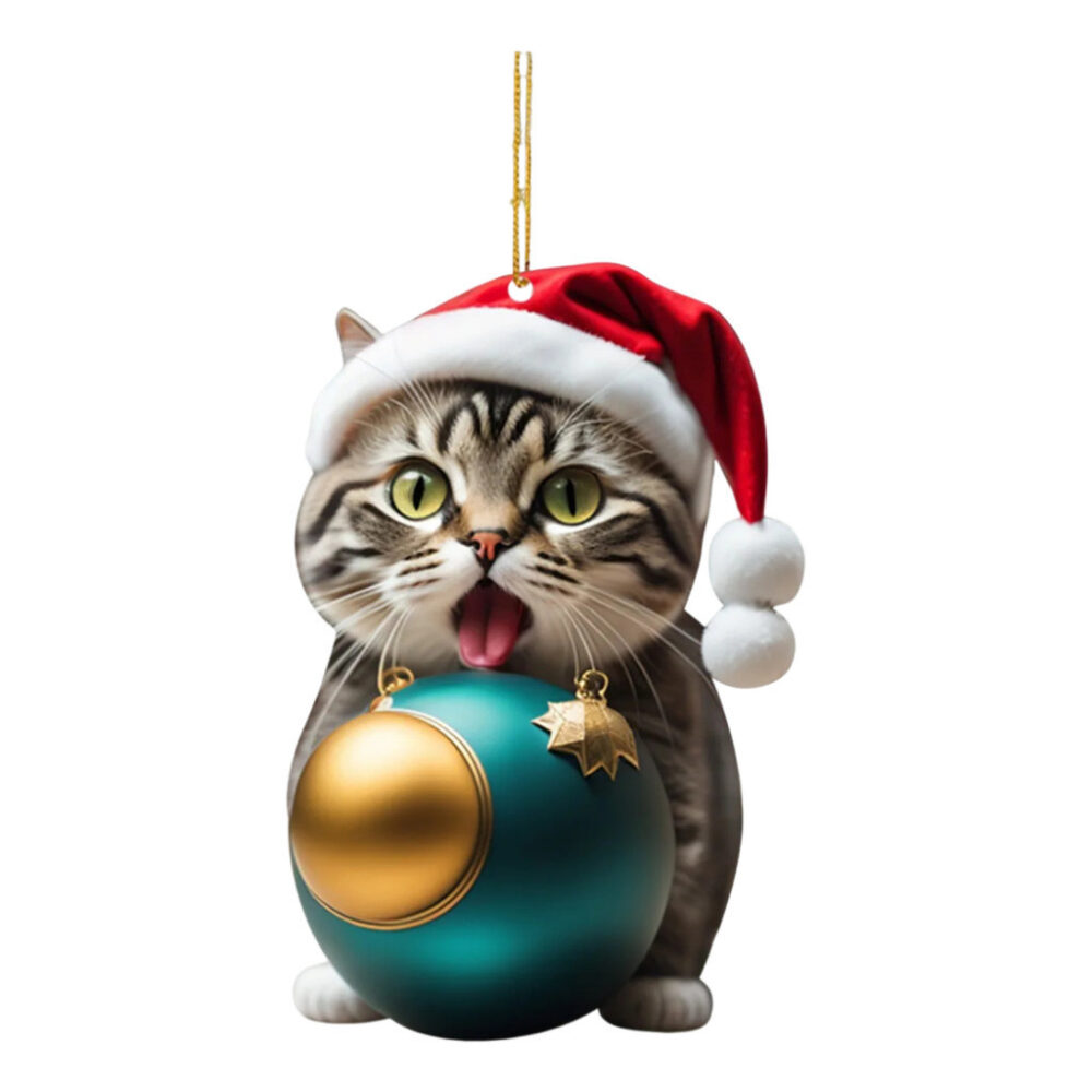 Acrylic Cat Pendant Whimsical Cat Pendant Adorable Christmas Cat with Santa Hat for Xmas Tree Decor - Image 4