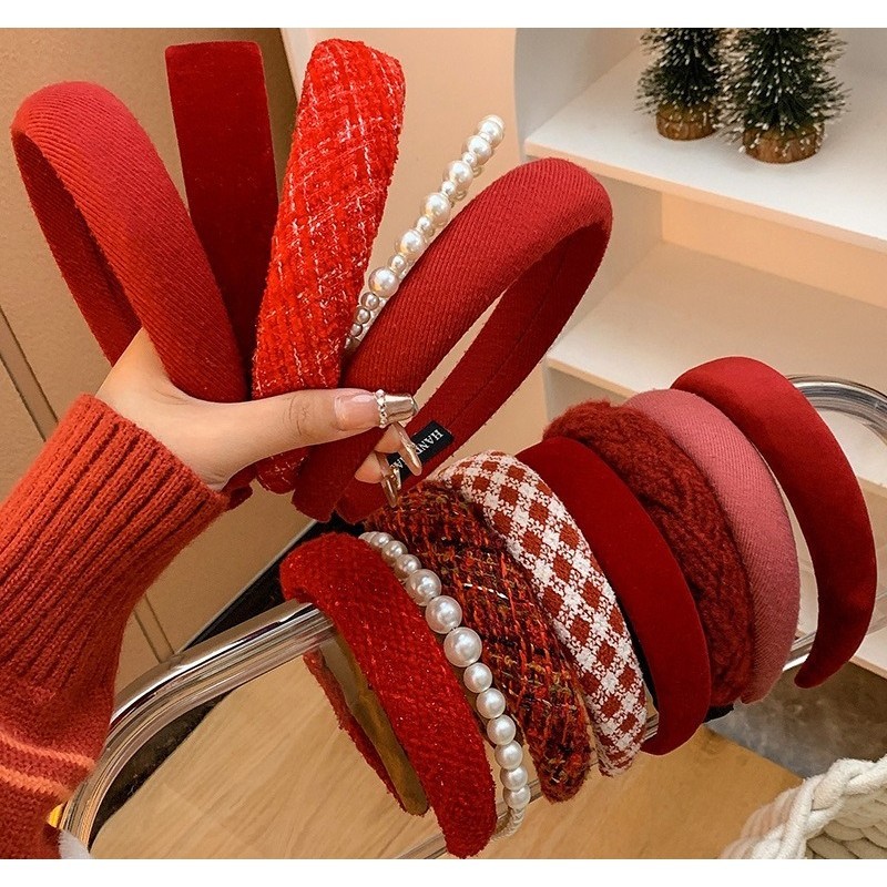 New Year's headband Christmas velvet high skull retro red female Korean pressed hair headband hairpin headdress