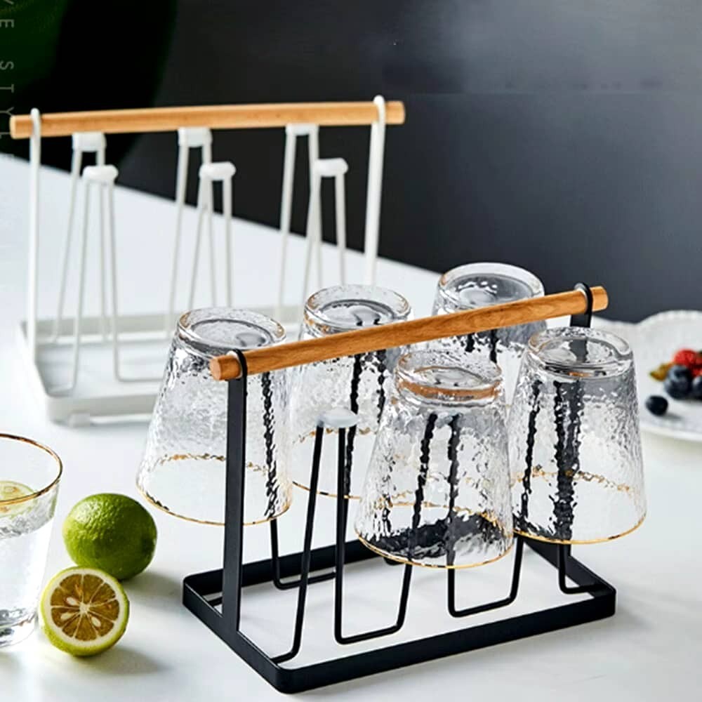 6 Cups Mug Glass Stand Cup Holder Wooden Handle Cup Holder Rack Kitchen Rak Cawan Gantung Rak Cup Drain Mug Drain