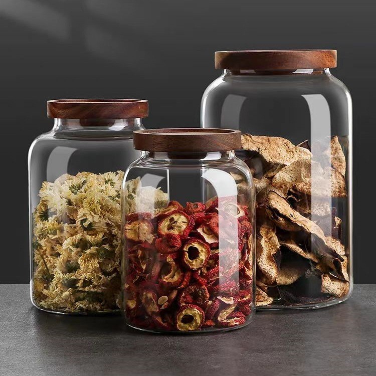 Kitchen Storage Bottles Jar Glass Airtight Canister Grains Tea Coffee Beans Jars Wood Lid Containers Food Contain